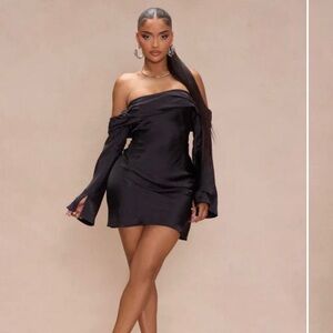 Black Off-Shoulder Satin Mini Dress